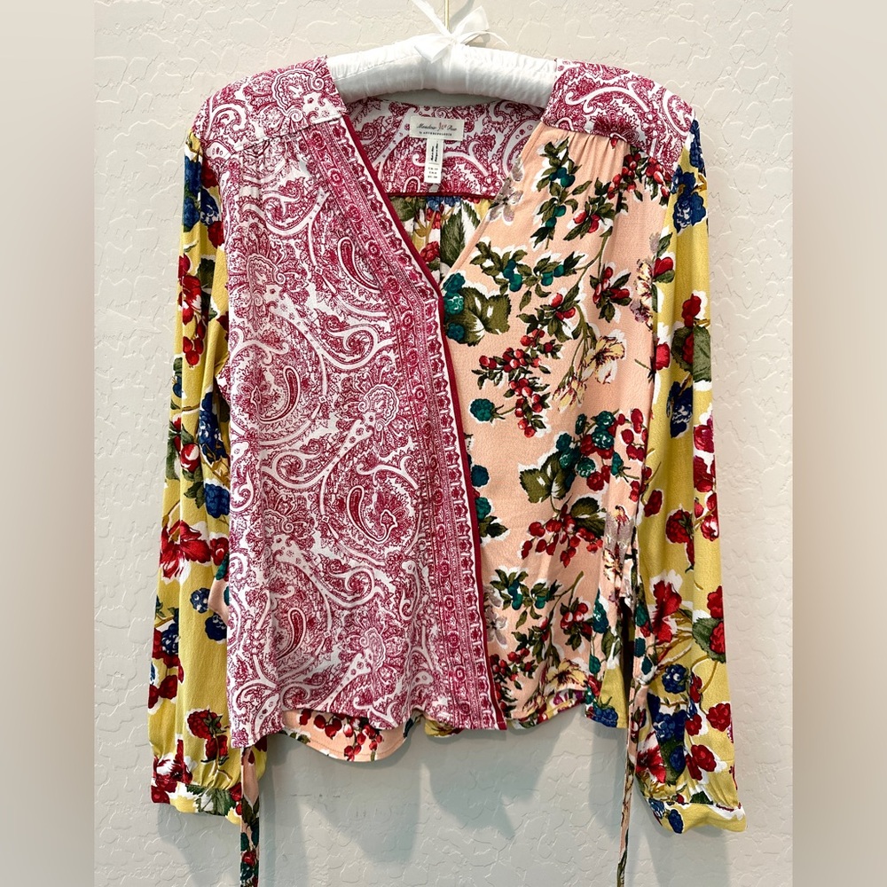Mixed-Print Floral Wrap Blouse - Pink Multi